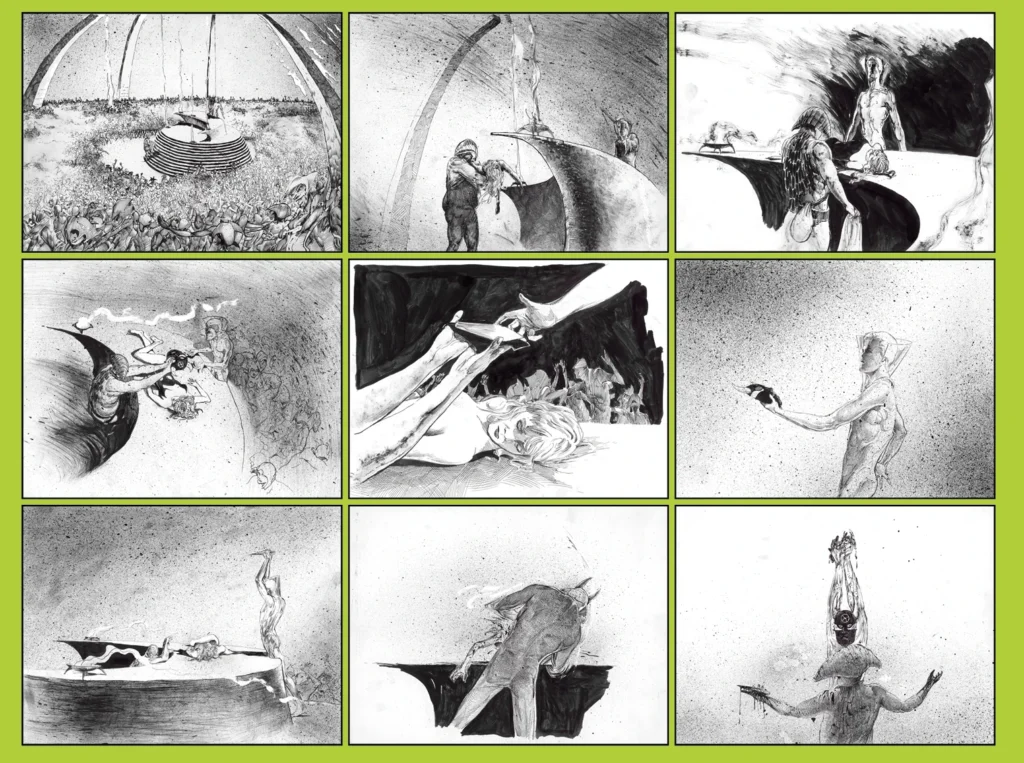 Surreal illustrations of eerie, otherworldly scenes.'Mask of Sarnath' DVD unveils lost Throbbing Gristle score