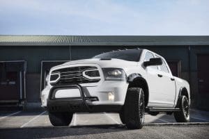 Low-angle-white-modern-car-outdoors